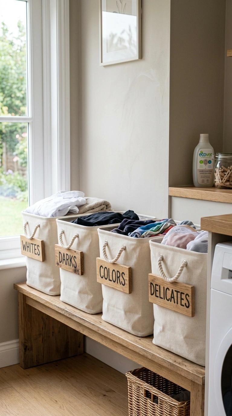 20 Laundry Room Ideas for Smarter Storage and Easier Laundry Days 4 003 Labeled Sorting Bins Four canvas laundry sorting b