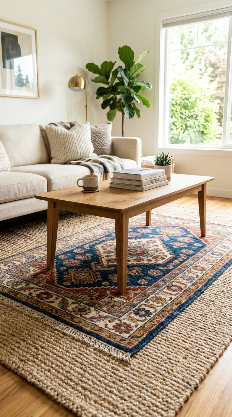 003 Layer Cozy Rugs A living room floor with a large j
