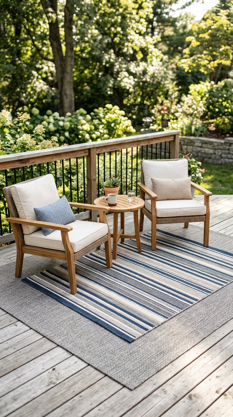 19 Outdoor Decor Ideas Everyone Is Saving Right Now 4 003 Layered Outdoor Rugs A deck seating area with a la