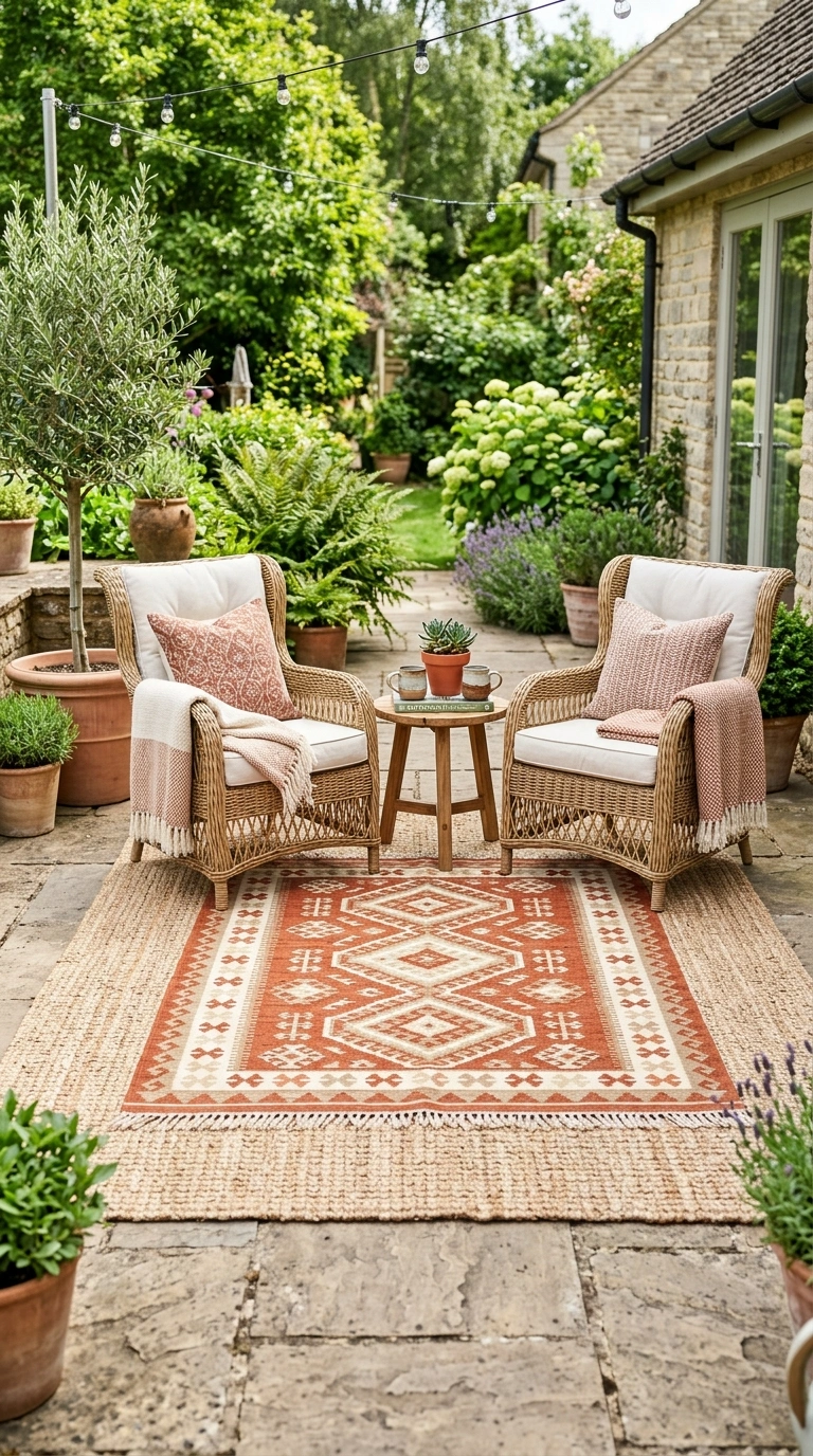 003 Outdoor Rug Layer A patio floor with a neutral wov