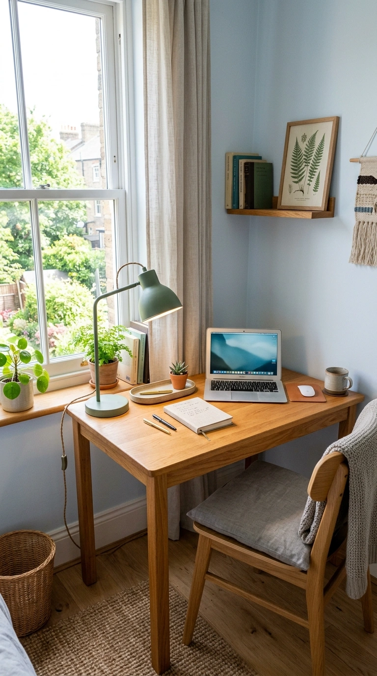 003 Small Corner Desk A compact wooden desk tucked int