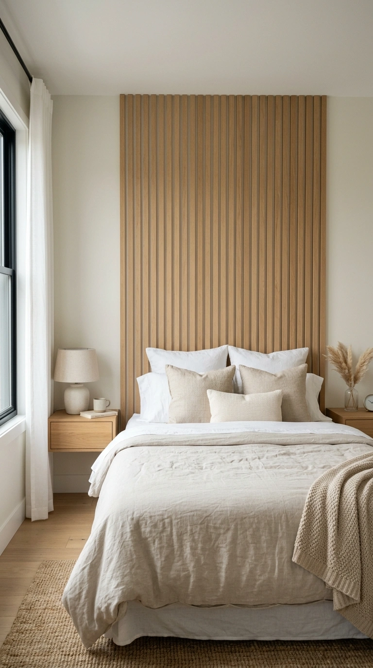 003 Statement Headboard Wall A bedroom with a wood sla