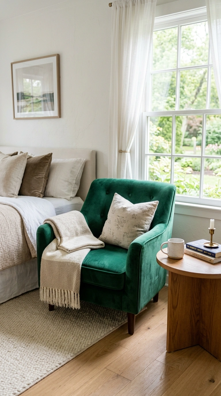 21 Bedroom Ideas for Women in Their 20s With Stylish Personality 4 003 Velvet Accent Chair A bedroom corner with a small