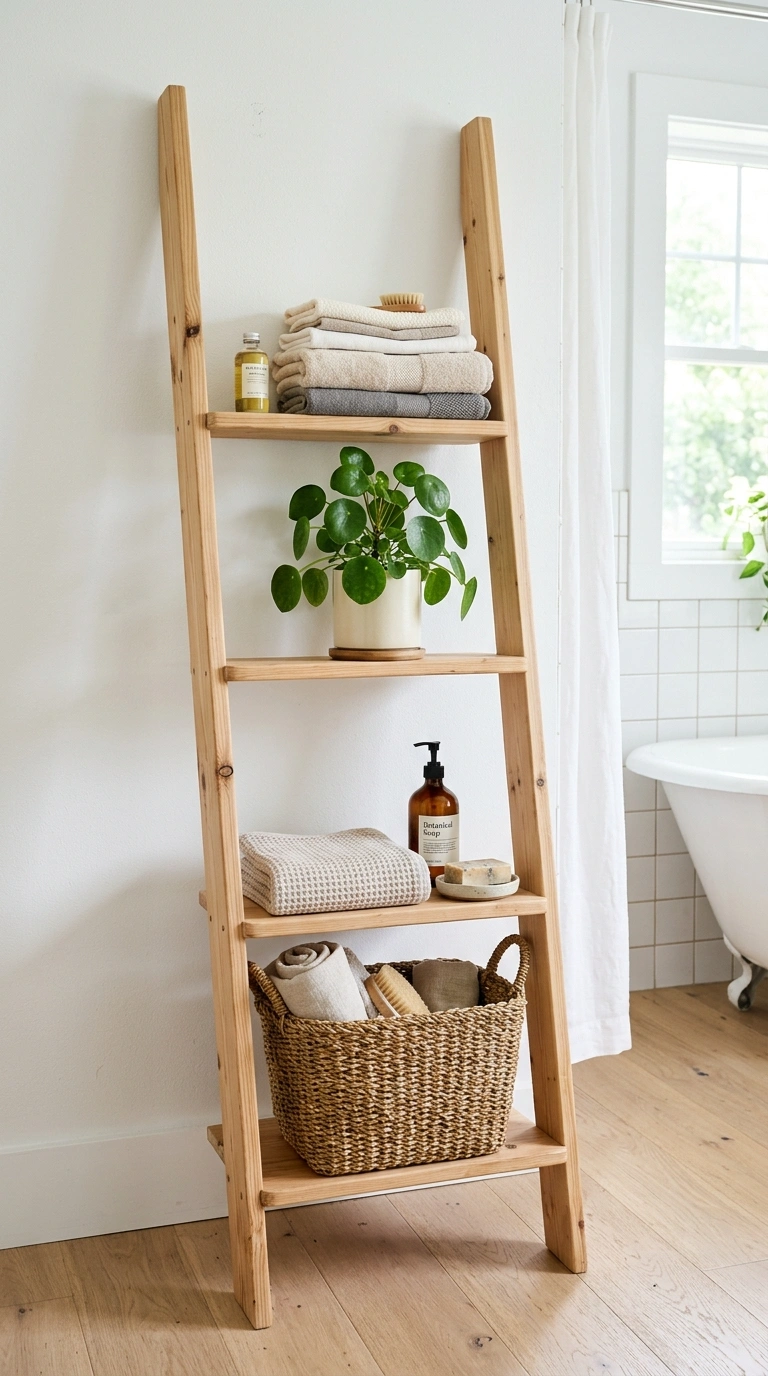 21 Affordable Bathroom Decor Ideas With Plenty of Style 4 003 Wood Ladder Shelf A light wood ladder shelf leanin
