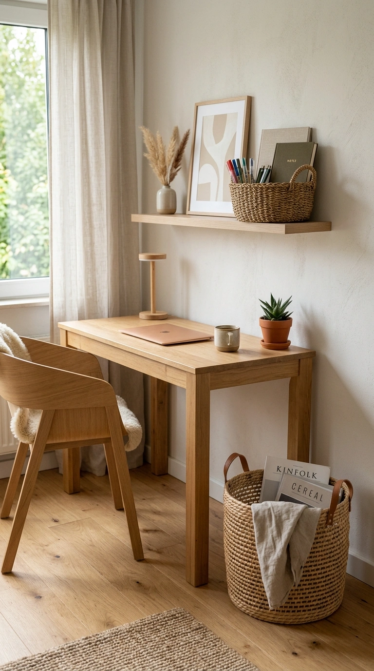 25 Office Decor Ideas for Women That Feel Stylish and Personal 4 003 Woven Storage Baskets A home office corner with a