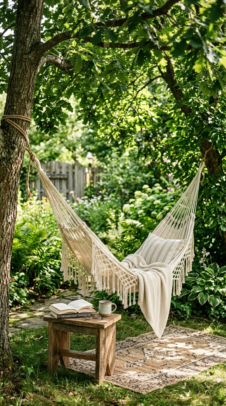 26 Outdoor Decorating Ideas for a Calm and Comfortable Backyard 5 004 Hammock Reading Corner A backyard corner with a wo