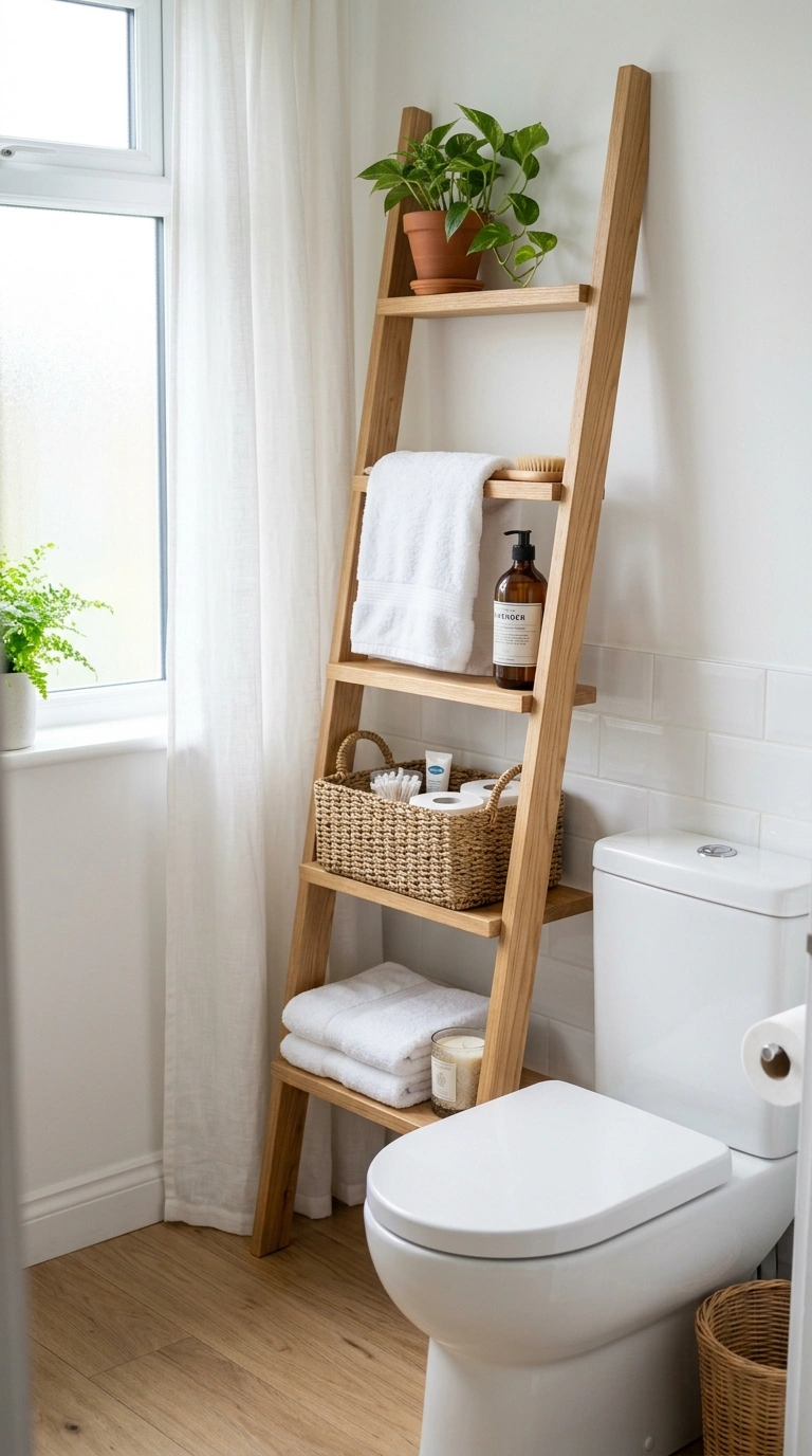 004 Ladder Shelf Stand A slim wood ladder shelf leanin