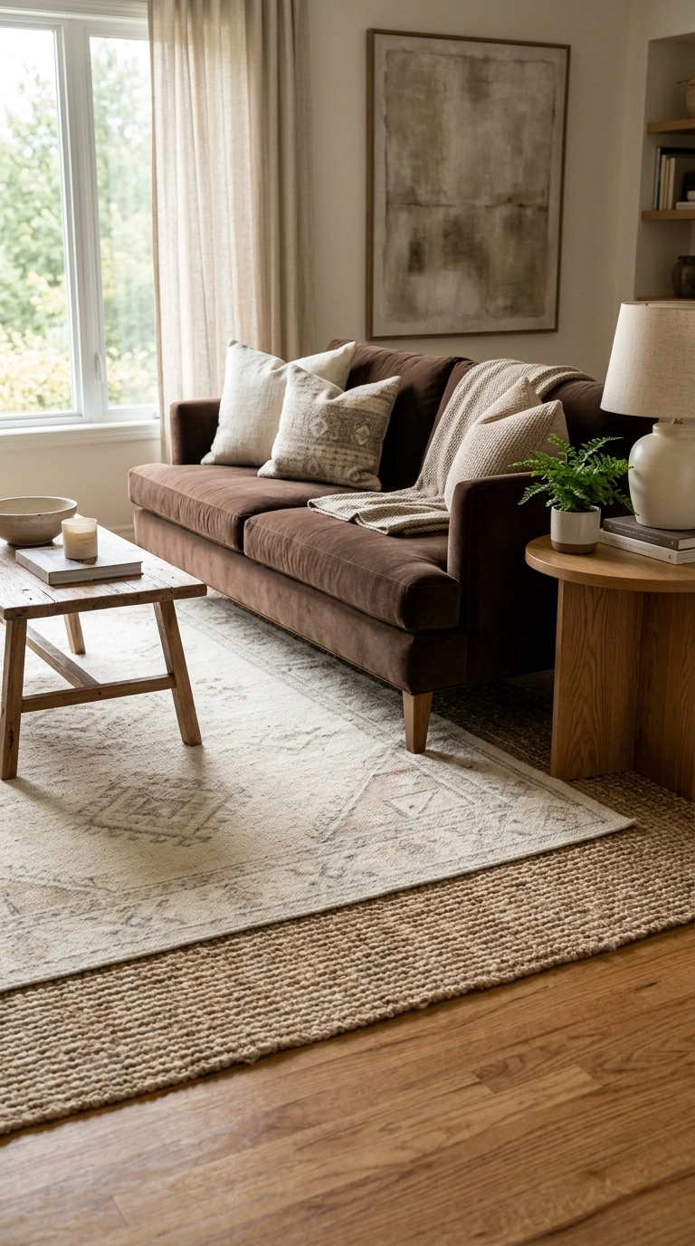 004 Layered Neutral Rugs A living room with a chocolat