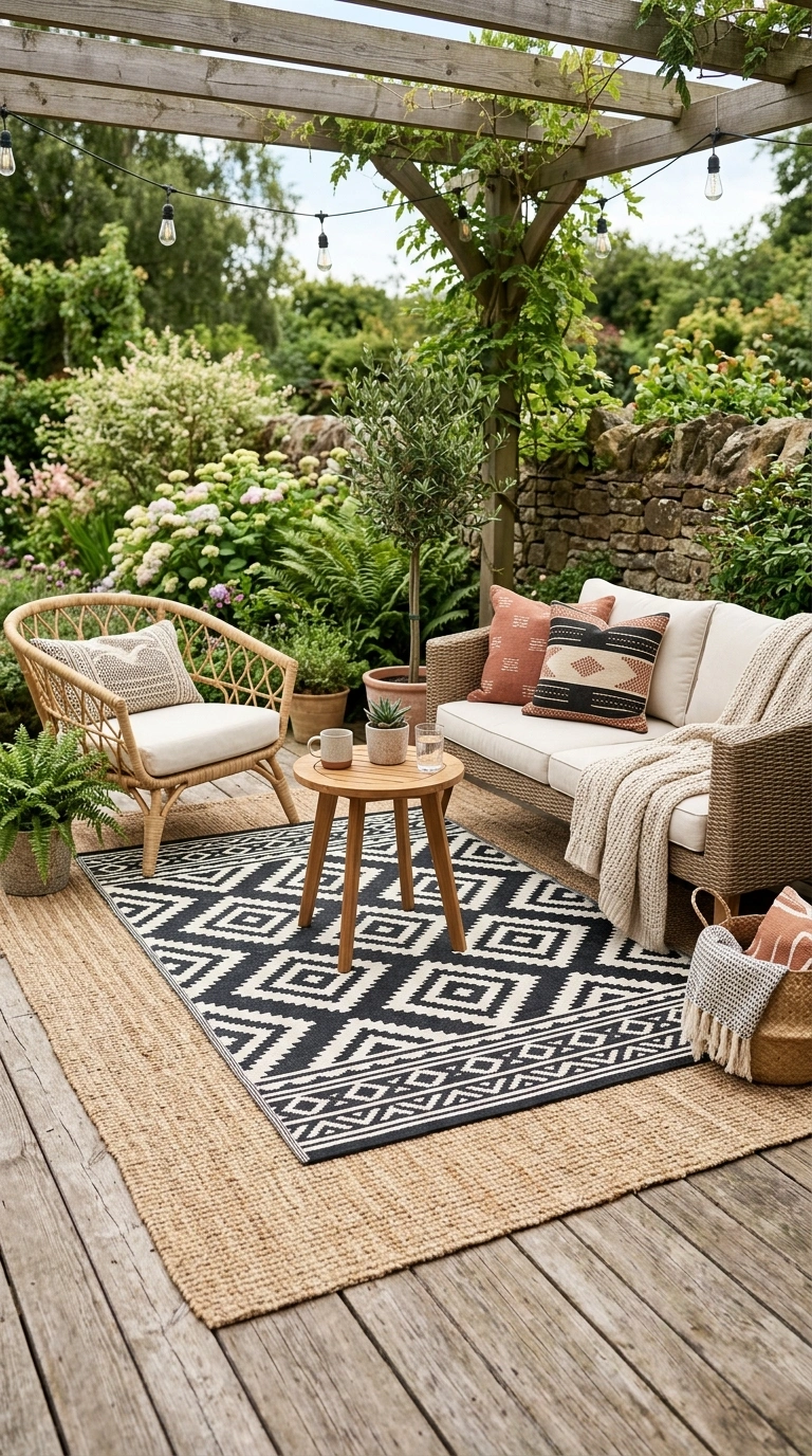 19 Patio Trends to Watch If You Love Outdoor Living 5 004 Layered Outdoor Rugs A patio seating area with a l