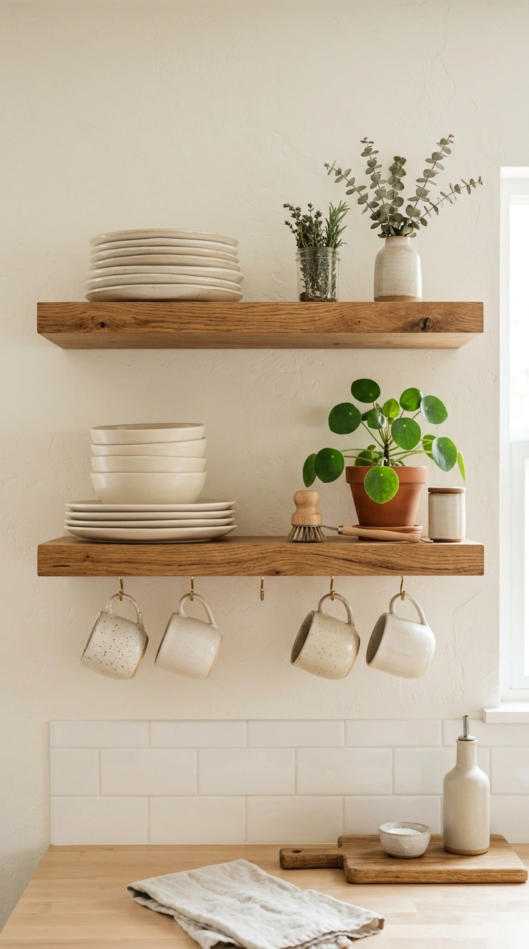 004 Open Shelf Display A kitchen wall with two floatin