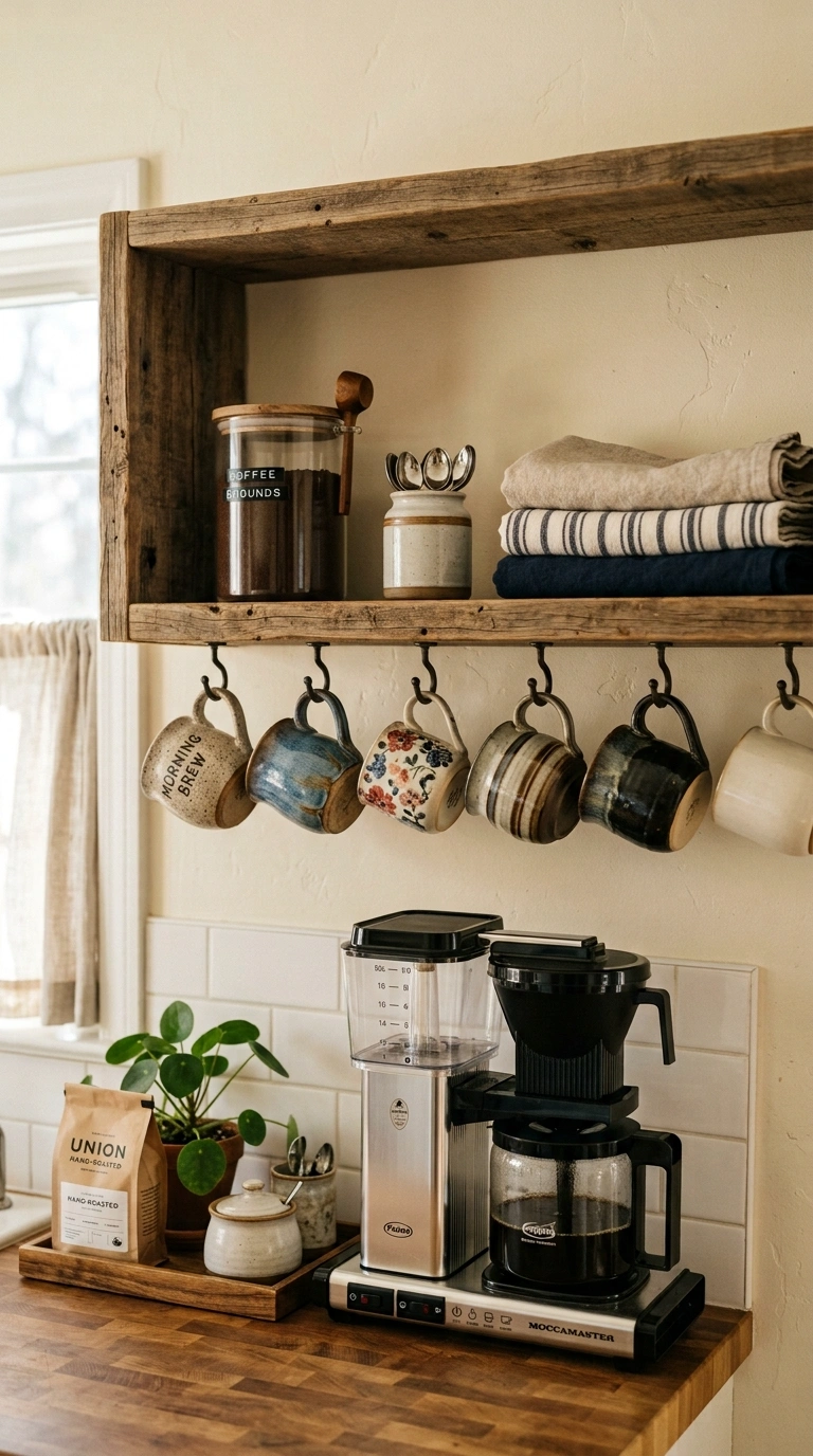 004 Open Shelf Mug Display An open kitchen shelf near