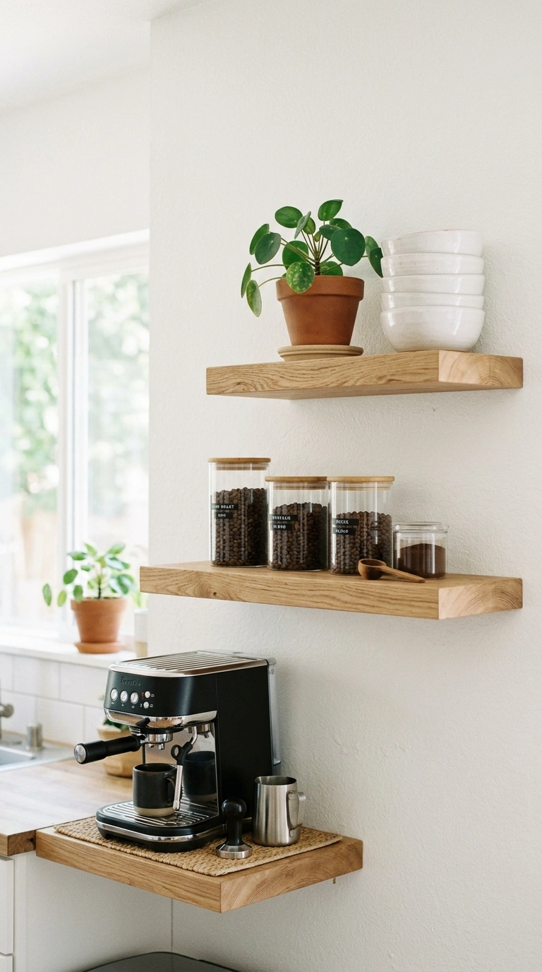 Turn a Small Corner Into a Coffee Bar With These 19 DIY Ideas 5 004 Open Shelving Station Three light wood shelves mou