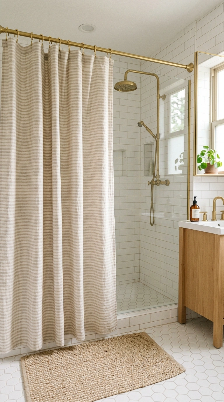 004 Patterned Shower Curtain A modern bathroom with a