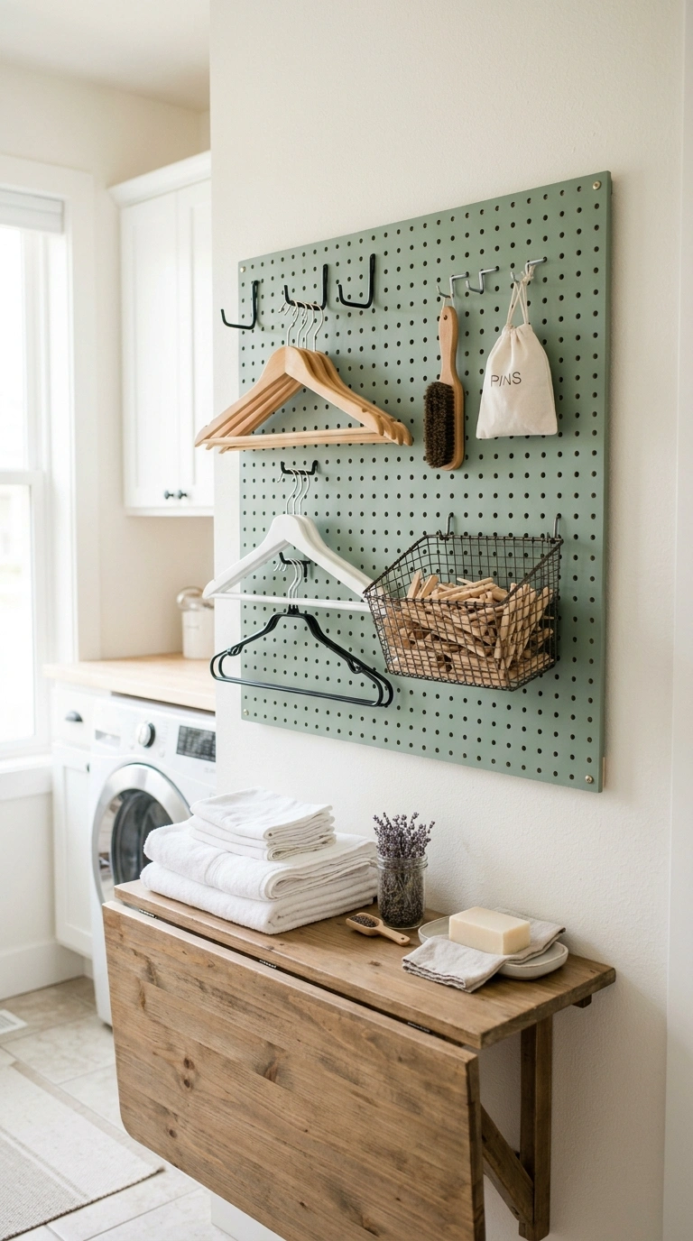 27 Laundry Room Ideas From Tiny Spaces to Spacious Setups 5 004 Pegboard Tool Wall A painted pegboard mounted abov