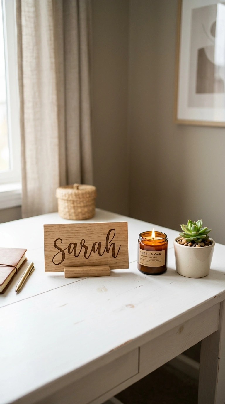 25 Office Decor Ideas for Women That Feel Stylish and Personal 5 004 Personalized Name Sign A close up of a home office