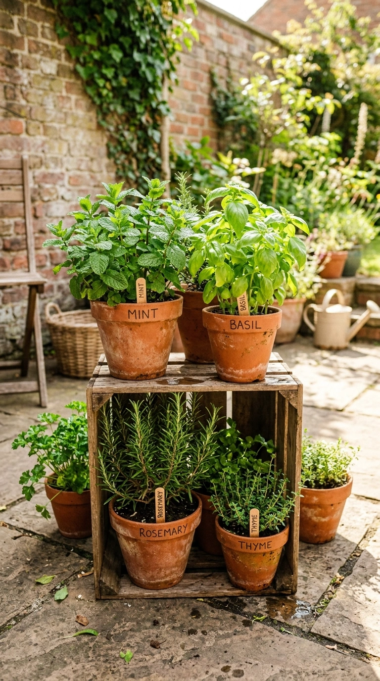 004 Potted Herb Corner A sunny patio corner with a clu