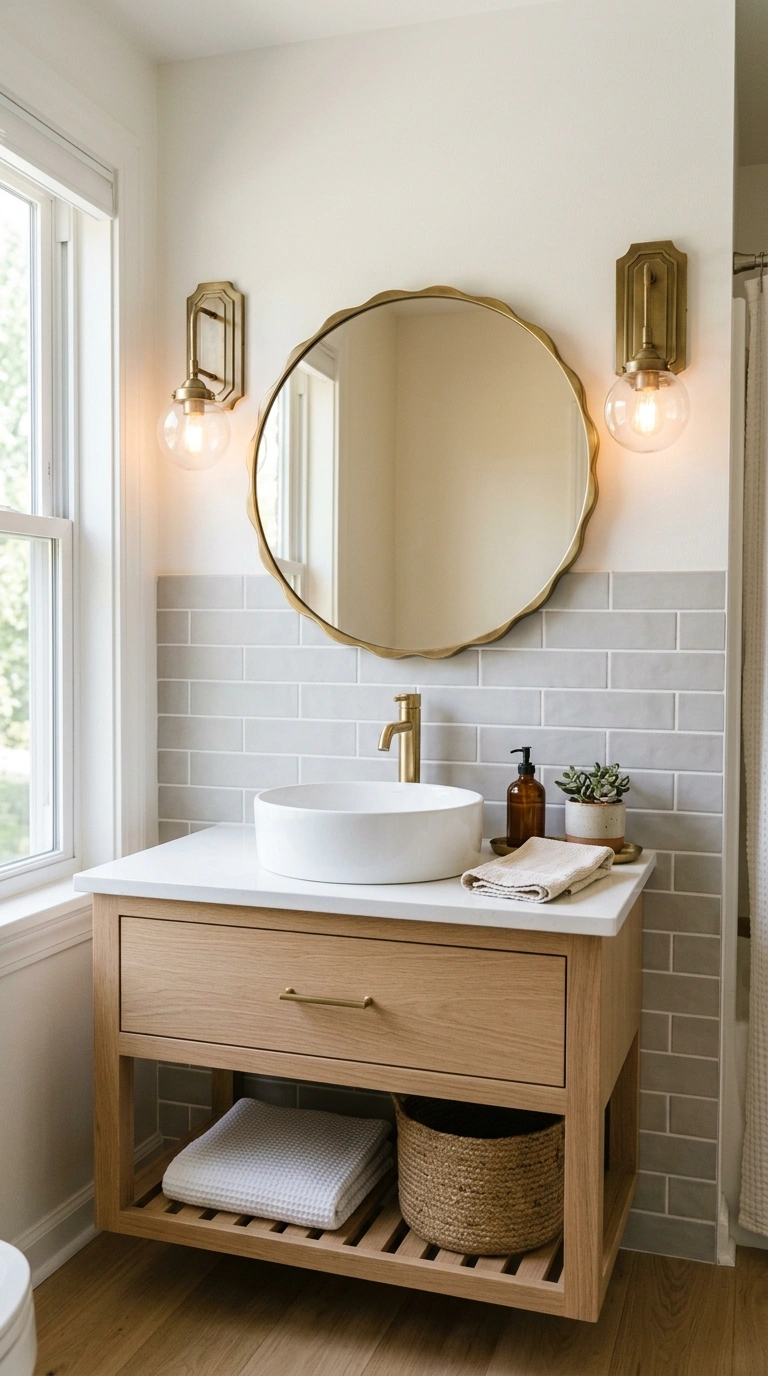 21 Affordable Bathroom Decor Ideas With Plenty of Style 5 004 Scalloped Edge Mirror A bathroom vanity with a whi