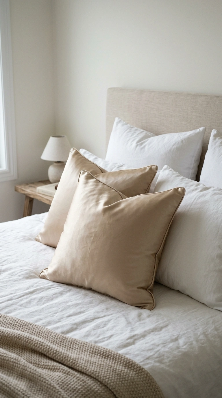 22 Bedroom Decor Ideas That Make Your Space Feel More Luxurious 5 004 Silk Throw Pillows A close view of a bed with two