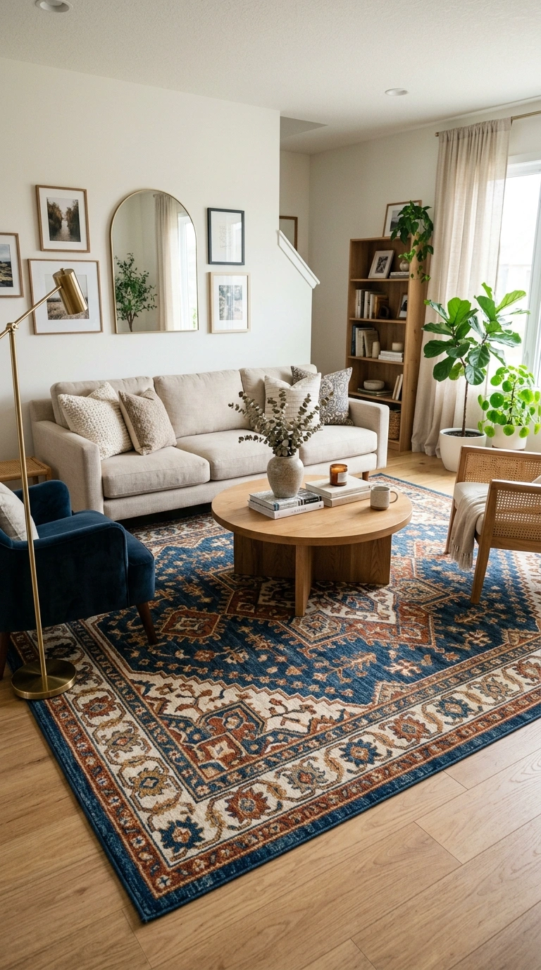 19 Stylish Living Room Ideas for a Home That Feels Put Together 5 004 Statement Area Rug A living room with a large patt