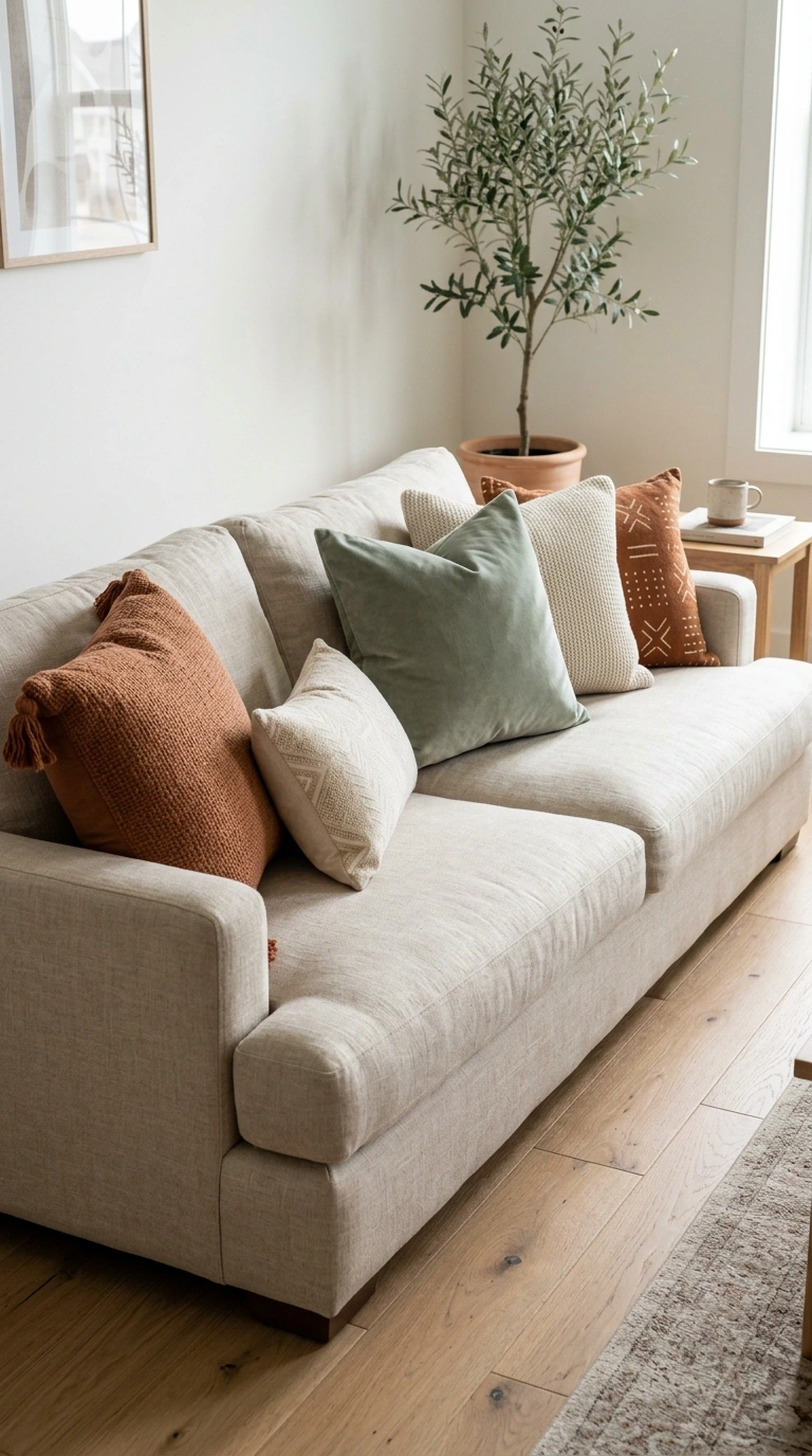 004 Swap Throw Pillows A neutral linen sofa styled wit