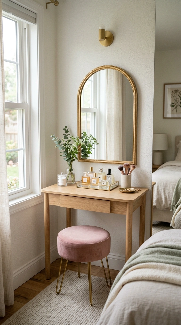 21 Bedroom Ideas for Women in Their 20s With Stylish Personality 5 004 Vanity Mirror Corner A bedroom corner with a small