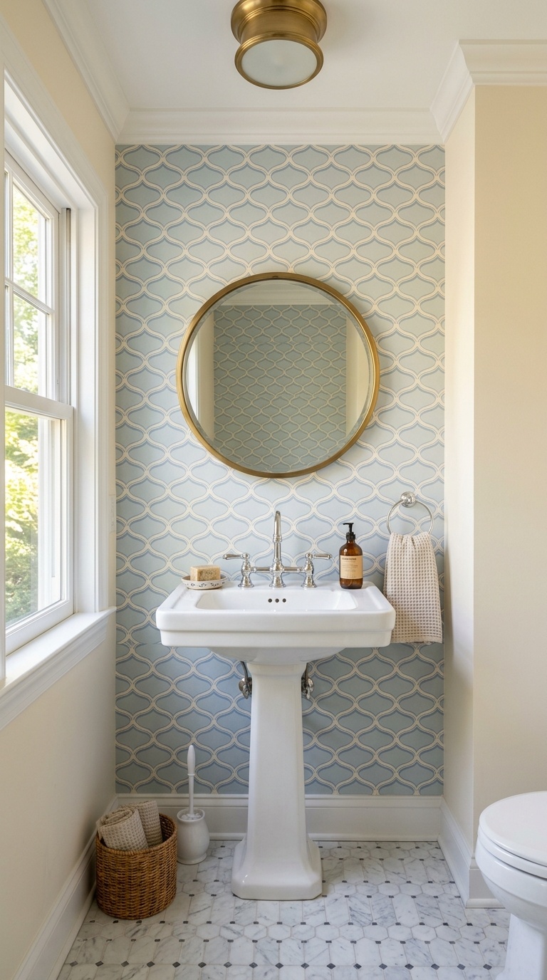 23 Small Bathroom Wall Decor Ideas That Make a Big Impact 5 004 Wallpaper Accent Wall A small powder room with a s