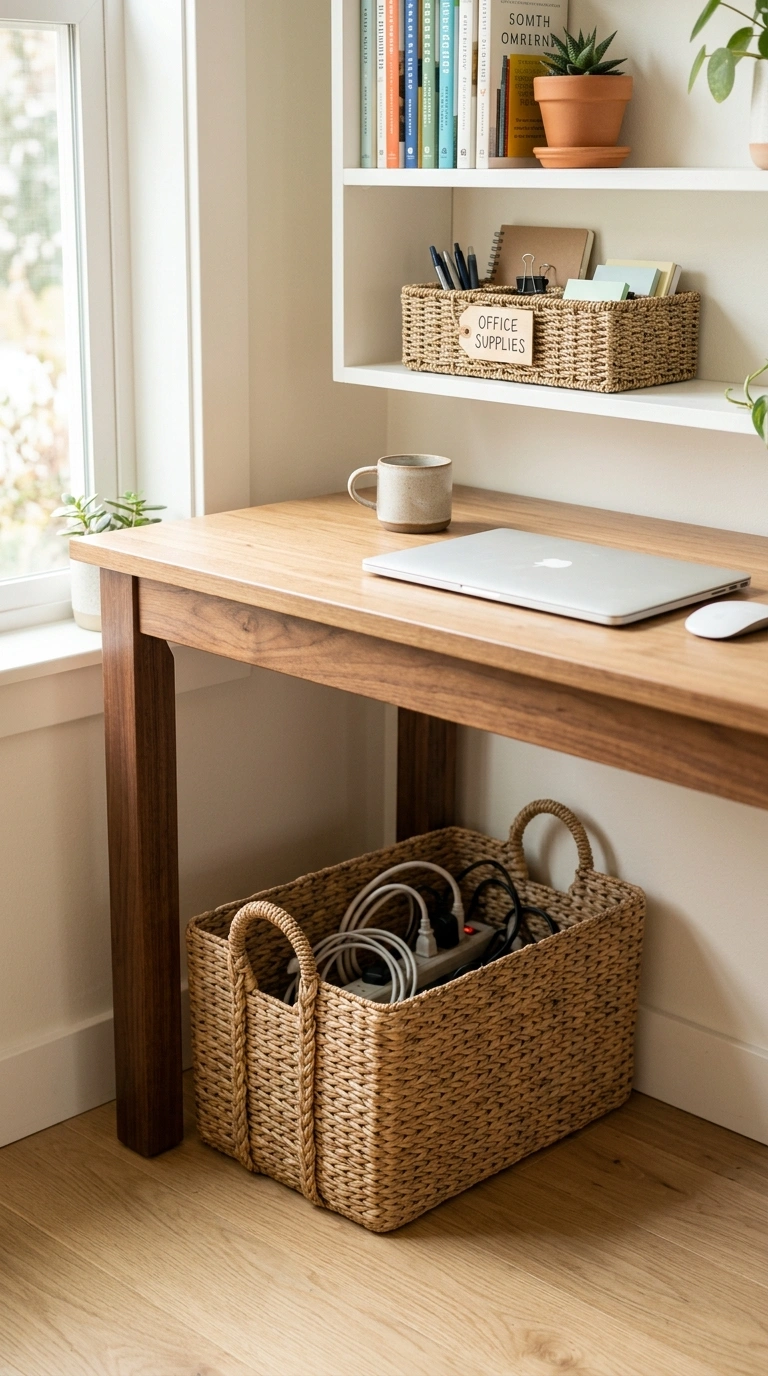 004 Woven Storage Baskets A home office desk with a na