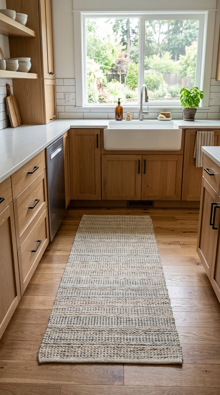 24 Simple Kitchen Makeover Ideas for DIY and Budget-Friendly Updates 6 005 Add A Kitchen Rug A kitchen floor with a woven run