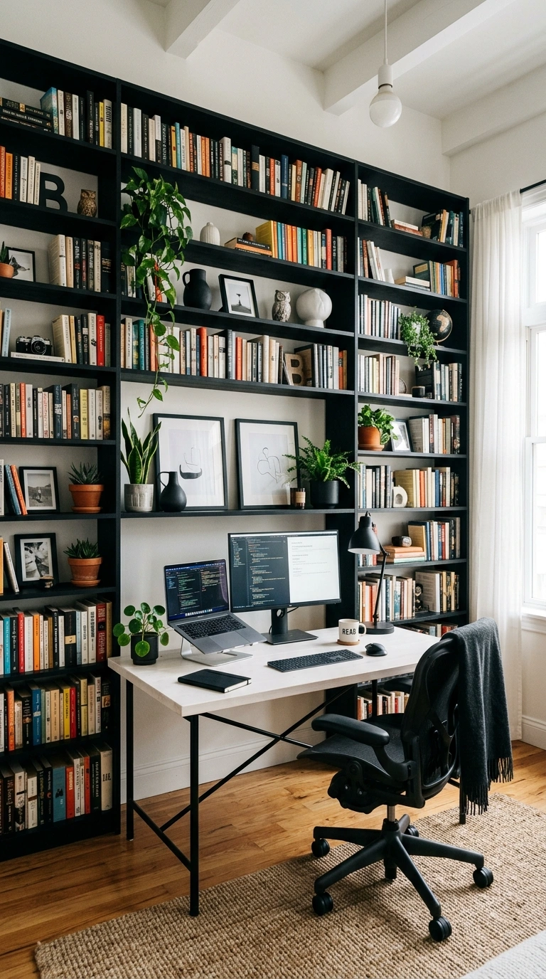 005 Black Bookshelf Wall A home office with a floor to