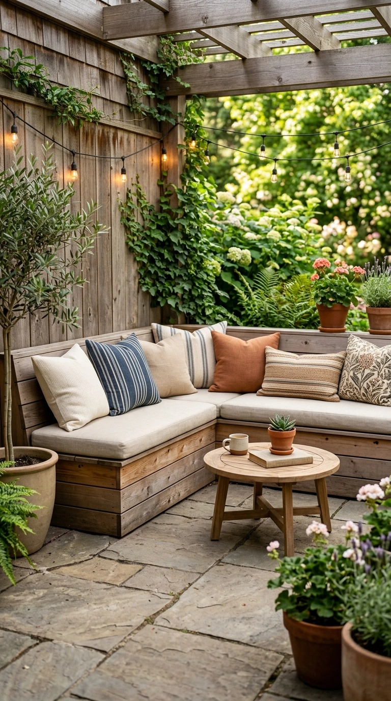 19 Patio Trends to Watch If You Love Outdoor Living 6 005 Built In Bench Seating A patio corner with a built