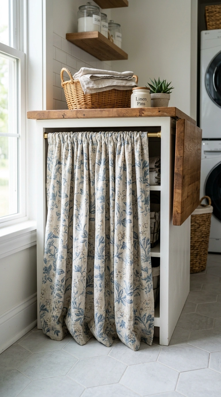 27 Laundry Room Ideas From Tiny Spaces to Spacious Setups 27 005 Curtain Cabinet Cover A soft patterned fabric curt