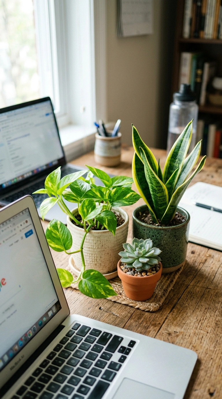 005 Desktop Plant Trio A desk corner with three small