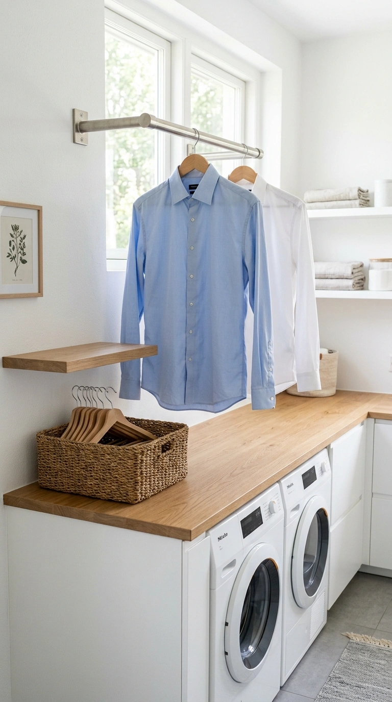 20 Laundry Room Ideas for Smarter Storage and Easier Laundry Days 6 005 Hanging Rod Station A short metal hanging rod moun