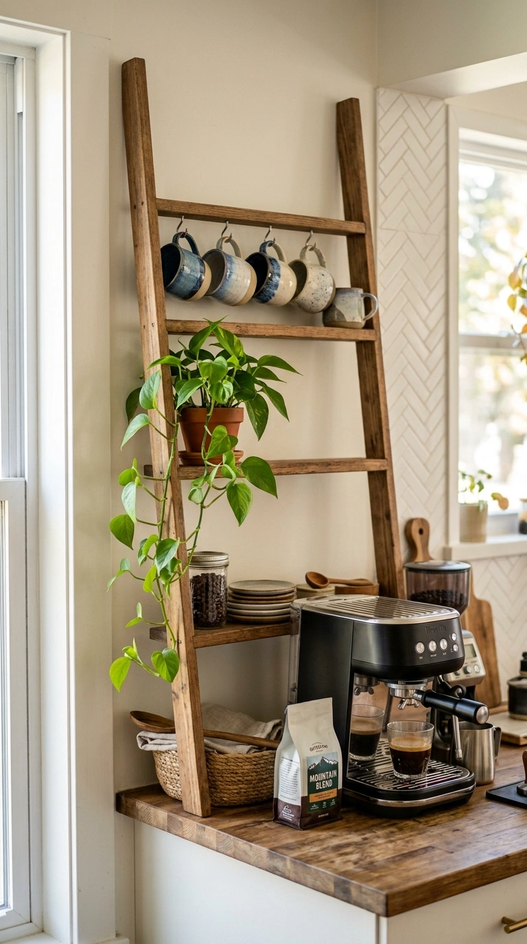 005 Ladder Shelf Station A slim wooden ladder shelf le