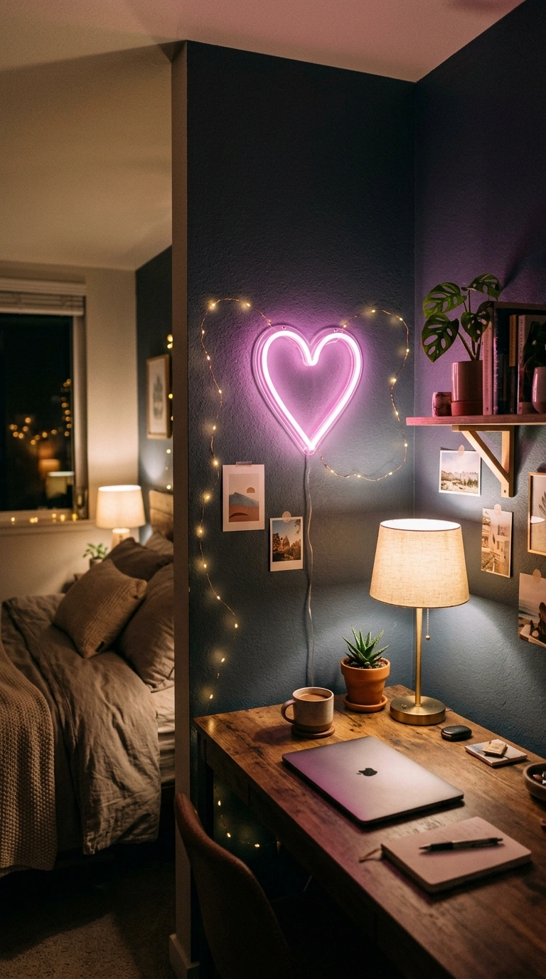 21 Bedroom Ideas for Women in Their 20s With Stylish Personality 6 005 Neon Sign Accent A bedroom wall with a small pink