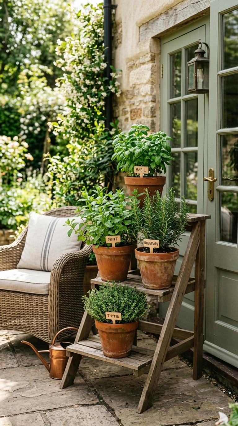 26 Outdoor Decorating Ideas for a Calm and Comfortable Backyard 6 005 Potted Herb Garden A sunny patio corner with terra