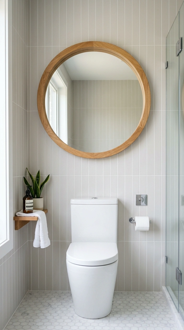005 Round Wall Mirror A round wood framed mirror hung