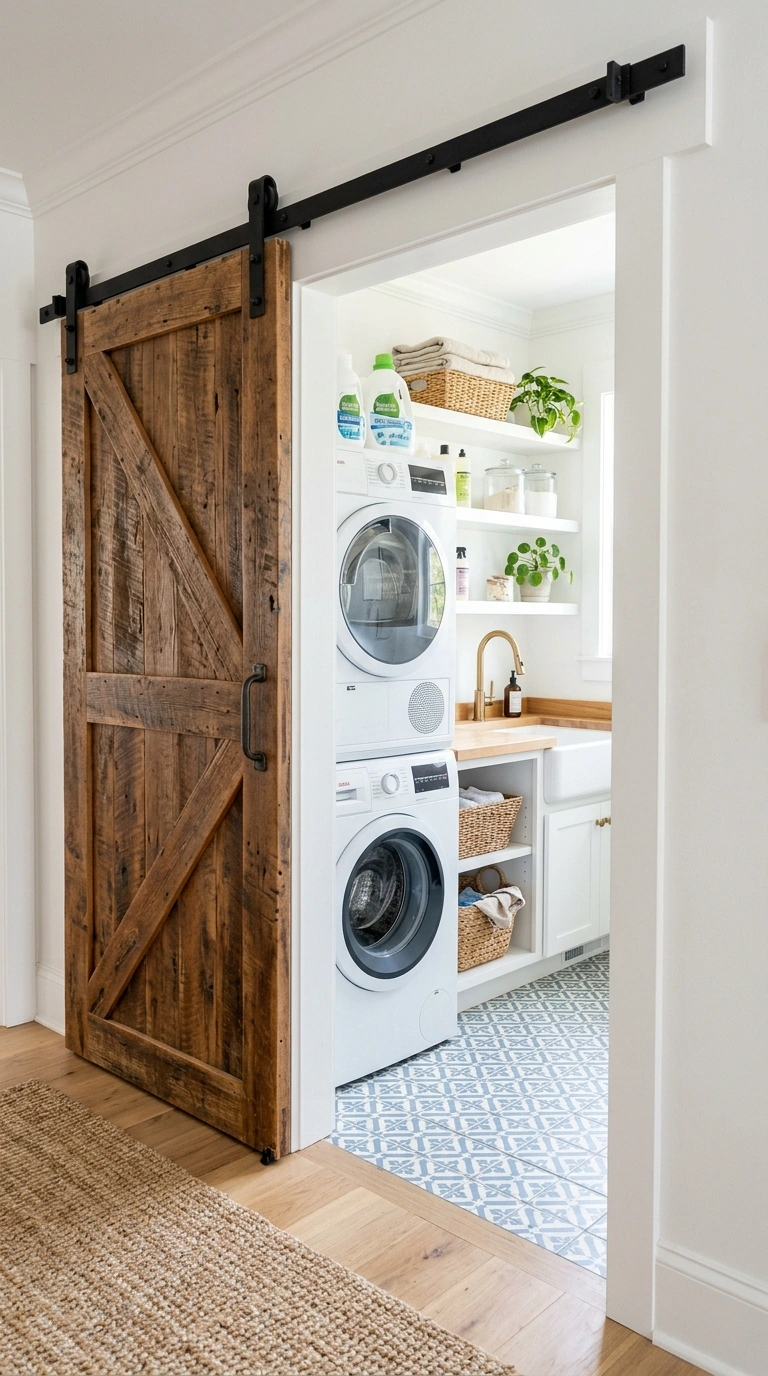27 Laundry Room Ideas From Tiny Spaces to Spacious Setups 6 005 Sliding Barn Door A wood sliding barn door on a bl