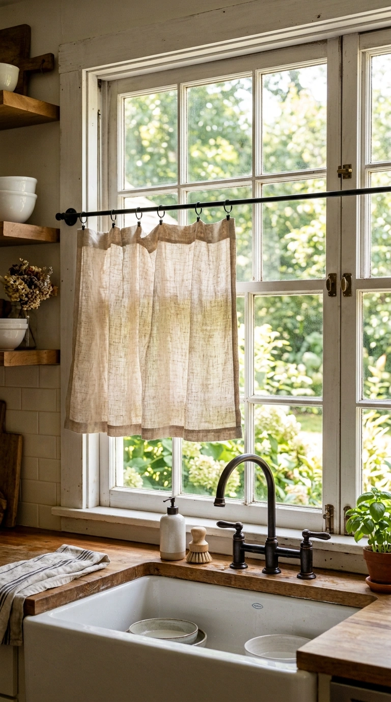 005 Soft Linen Curtains A kitchen window above a farmh