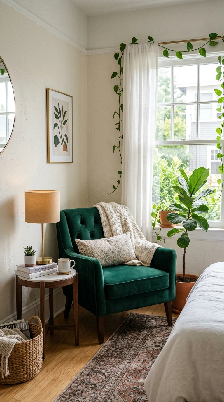22 Bedroom Decor Ideas That Make Your Space Feel More Luxurious 6 005 Velvet Accent Chair A bedroom corner with a deep e