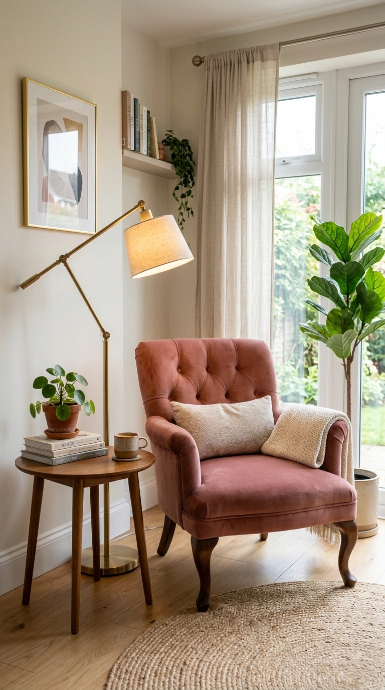 25 Office Decor Ideas for Women That Feel Stylish and Personal 6 005 Velvet Accent Chair A home office corner with a du