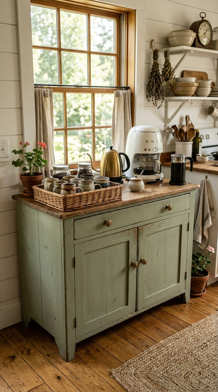 Turn a Small Corner Into a Coffee Bar With These 19 DIY Ideas 6 005 Vintage Cabinet Bar A vintage sage green wooden ca