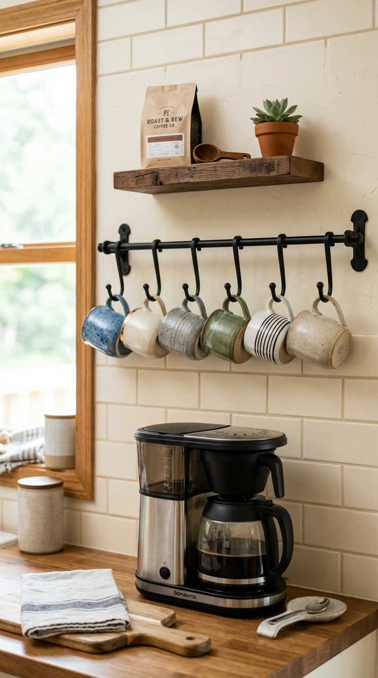19 Coffee Station Setups That Bring Café Vibes Home 6 005 Wall Mounted Rack A kitchen wall with a black meta