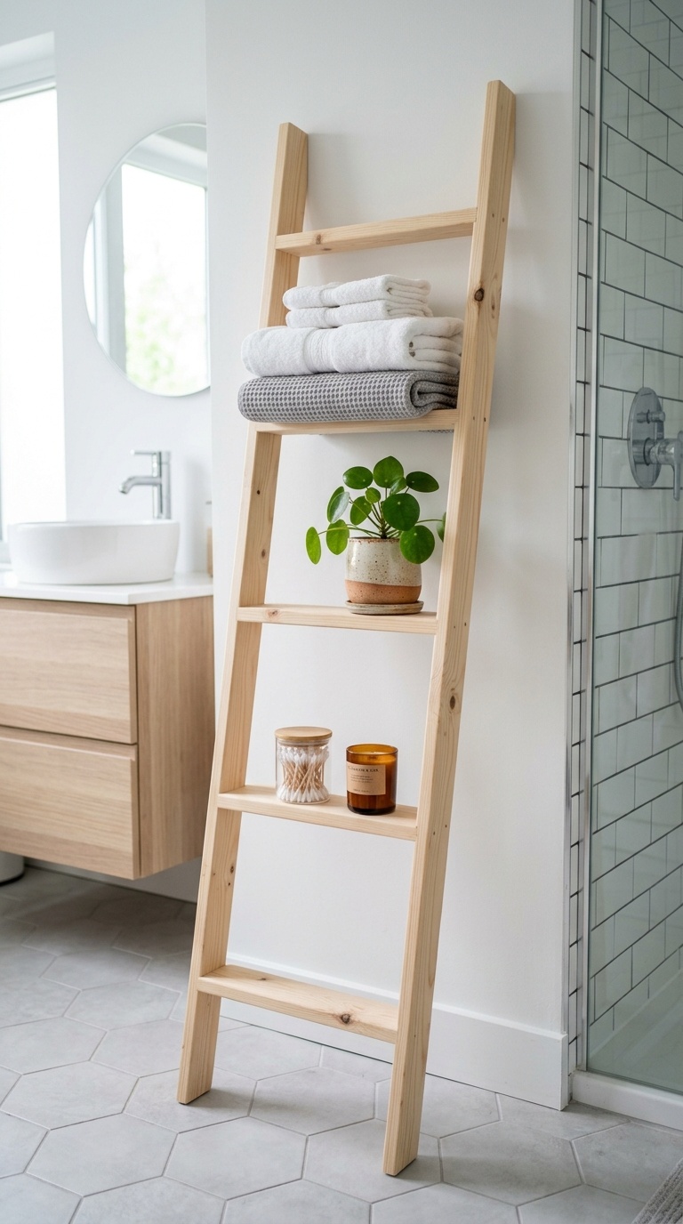 25 Bathroom Decor Ideas to Transform Your Space on a Budget 6 005 Wooden Ladder Shelf A light wood ladder shelf lean