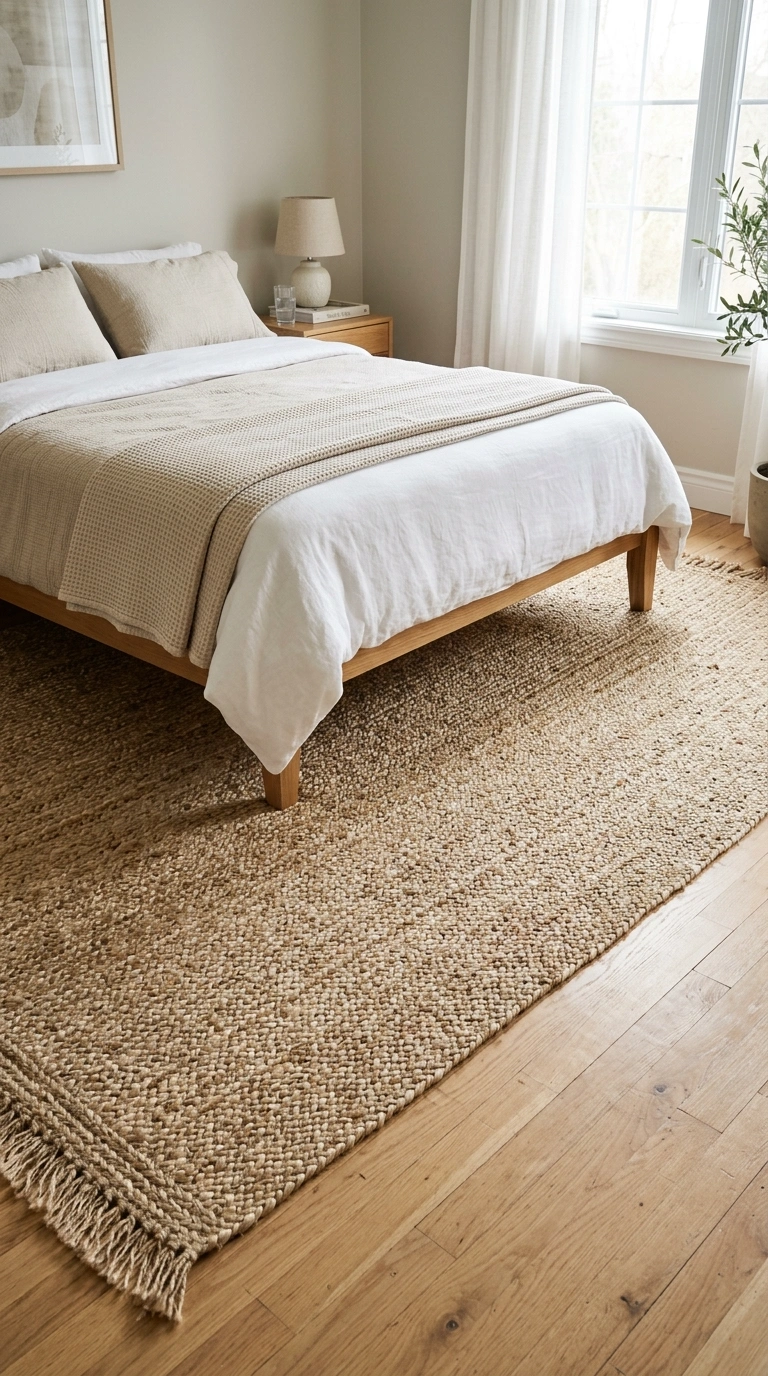 005 Woven Area Rug A bedroom floor with a large jute w