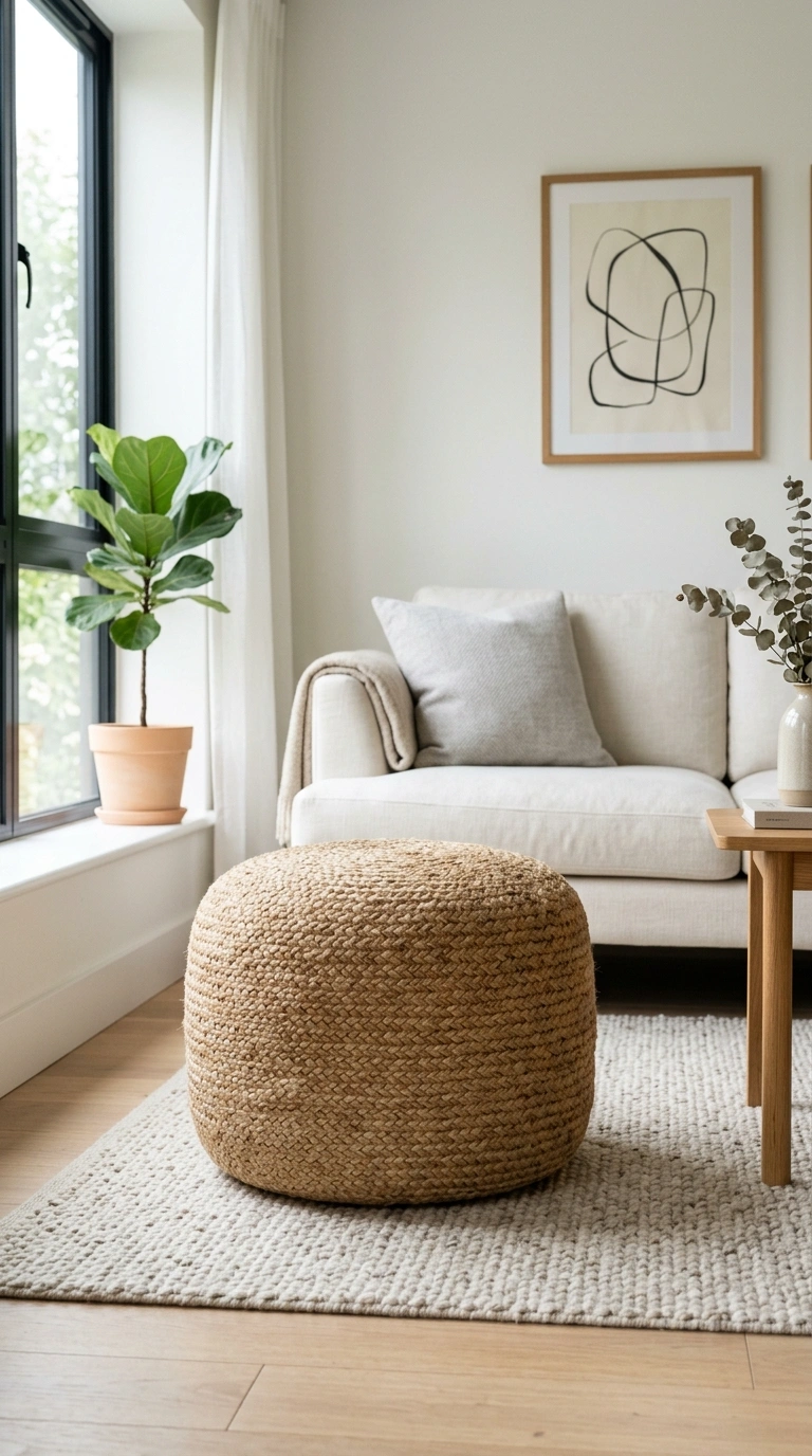 005 Woven Pouf Ottoman A round jute woven pouf ottoman