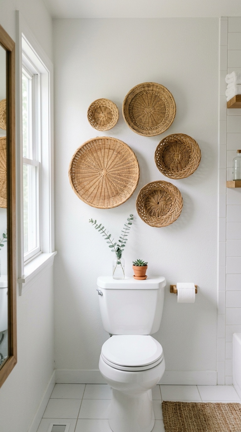 23 Small Bathroom Wall Decor Ideas That Make a Big Impact 6 005 Woven Wall Basket A cluster of five flat woven rat