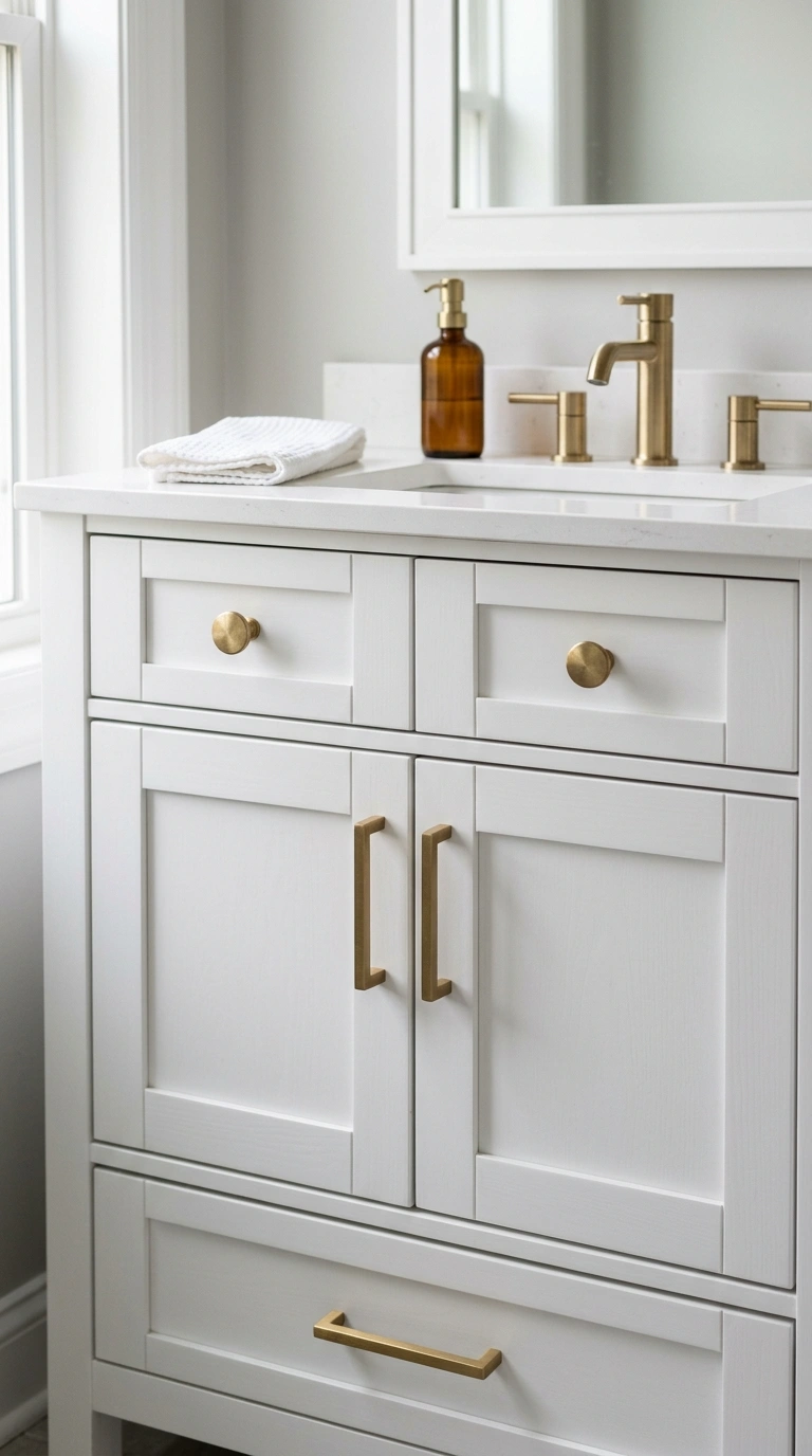 21 Affordable Bathroom Decor Ideas With Plenty of Style 7 006 Brass Cabinet Hardware A close view of a white bat