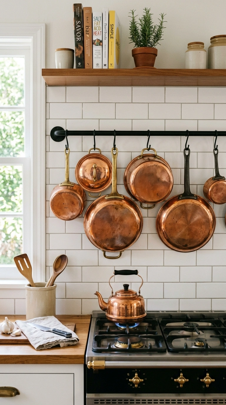 006 Copper Cookware Display A kitchen wall near the st