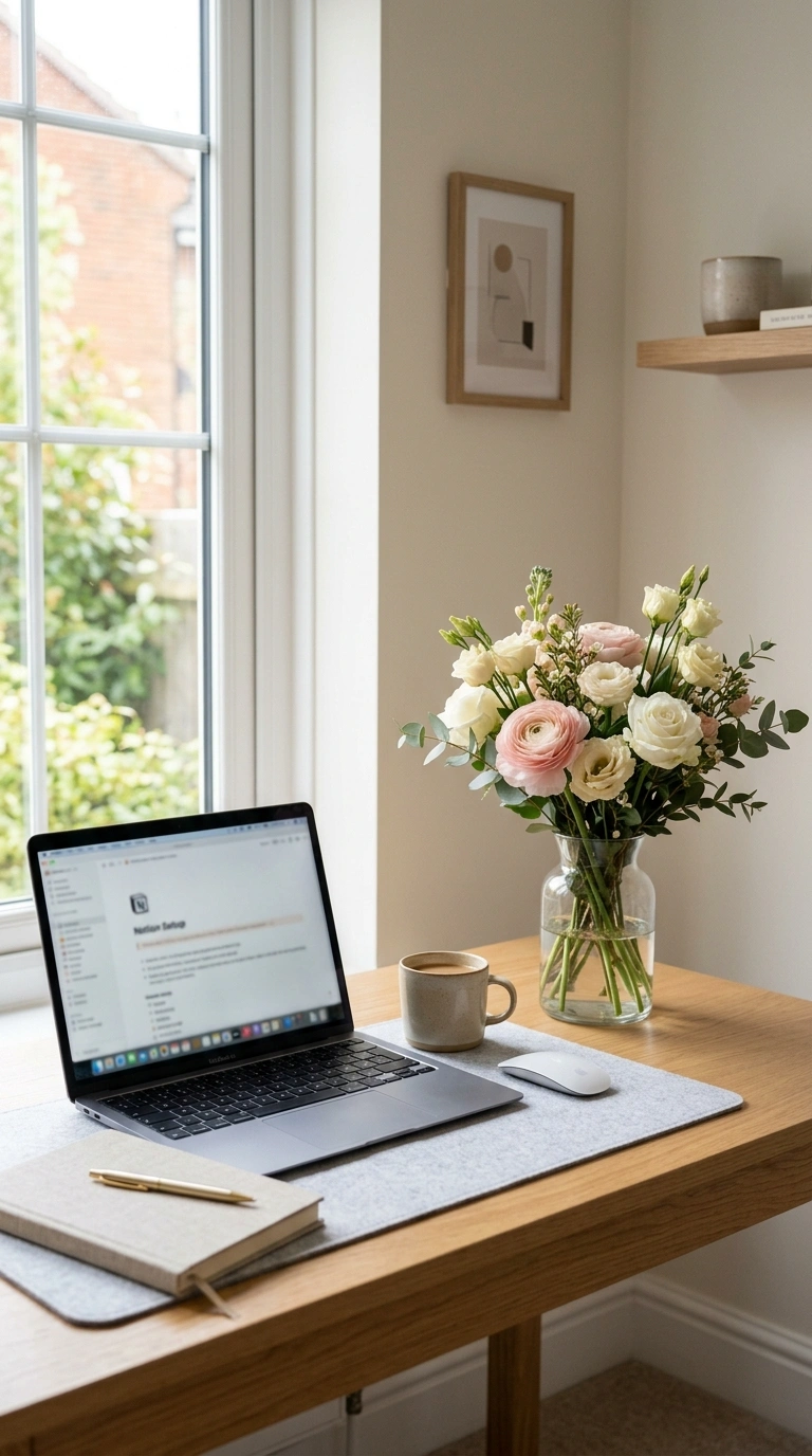 25 Office Decor Ideas for Women That Feel Stylish and Personal 7 006 Fresh Flowers Corner A home office desk with a sma
